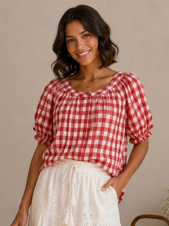 Jane and Delancey Tops - Jane + Delancey Red Gingham Button Front Puff Sleeve Blouse Size Small